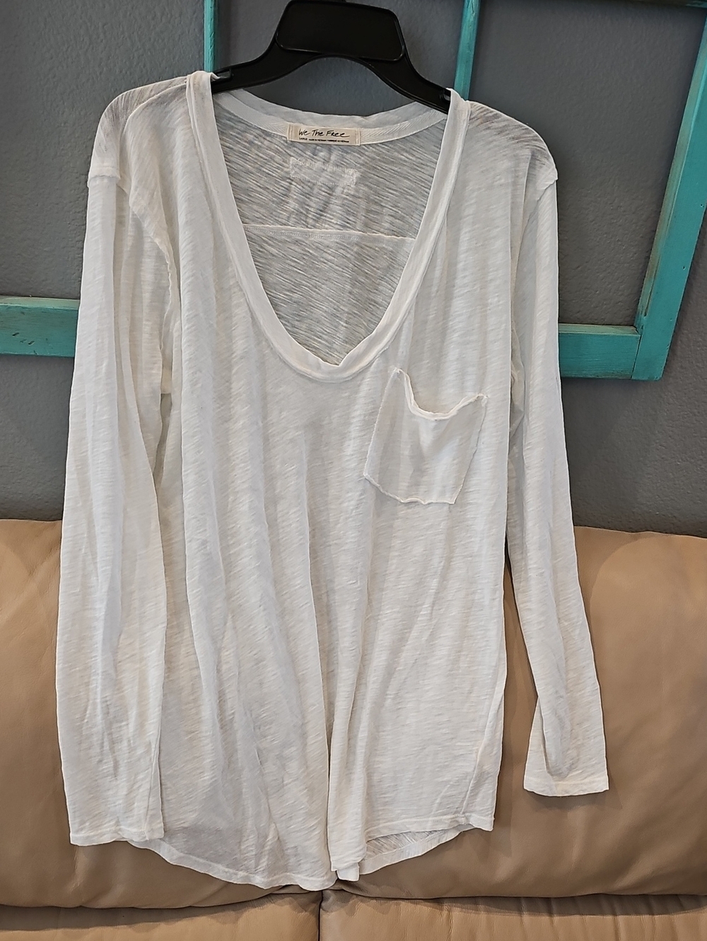 We The Free White Slub Long Sleeve V-Neck Pocket Tee